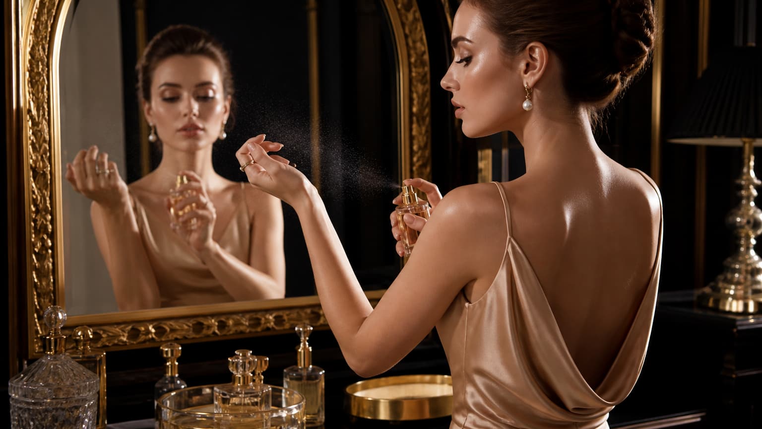 Mulher de vestido de cetim champagne com brincos de pérola aplicando perfume diante do espelho