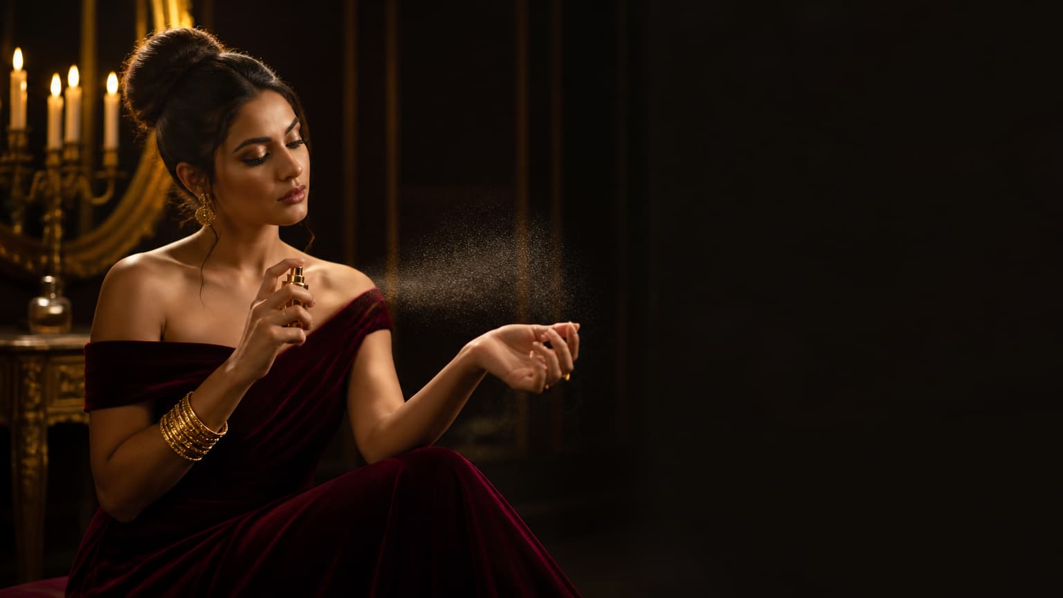 Mulher de vestido de veludo bordô com braceletes dourados aplicando perfume ao lado de candelabro
