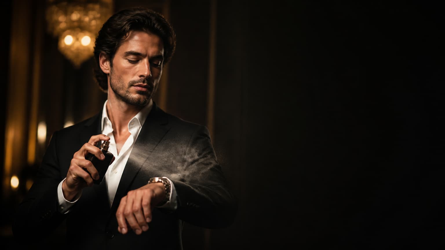 Homem de terno preto e relógio de luxo aplicando perfume no pulso