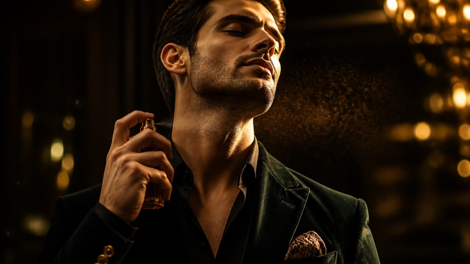 Homem de blazer de veludo verde com lenço de bolso aplicando perfume no colo